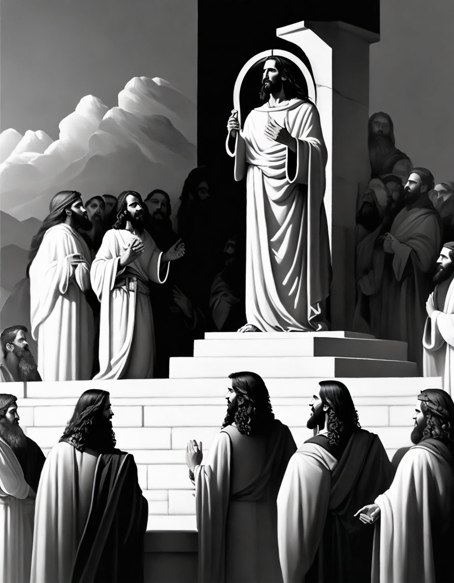 Monochrome biblical scene with central figure on pedestal surrounded by robed figures