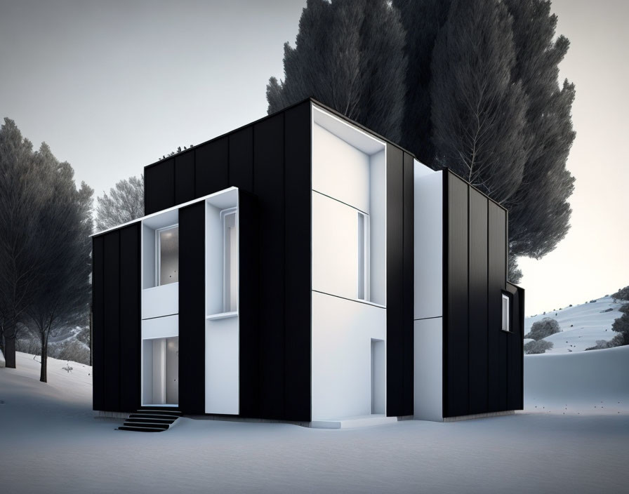 Contemporary black and white modular house in snowy setting