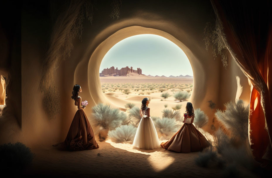 Three women in elegant dresses overlooking desert landscape