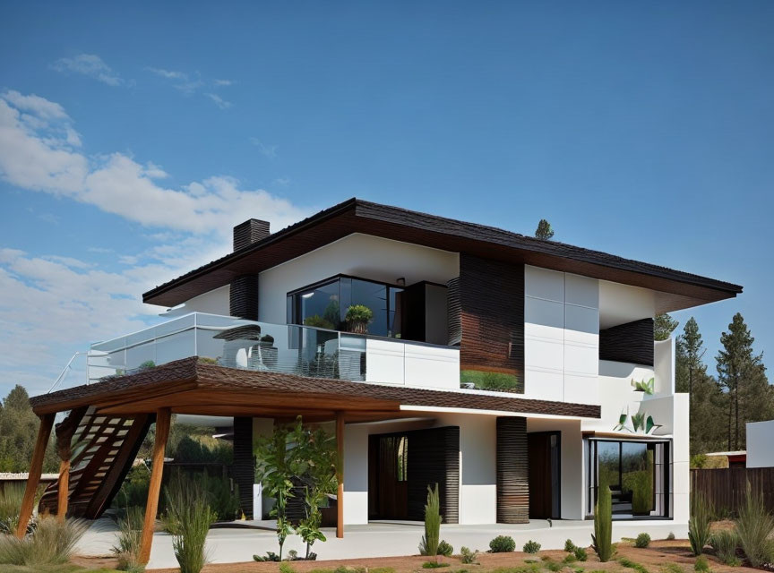 Contemporary two-story house with white walls, dark wooden accents, glass balustrades, and tree