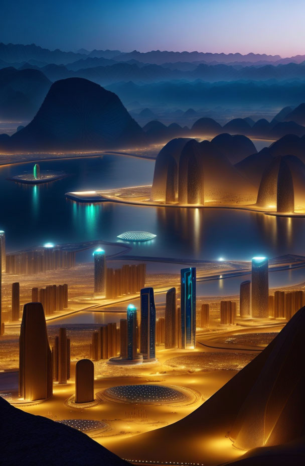 Futuristic cityscape with illuminated buildings and hills under twilight sky