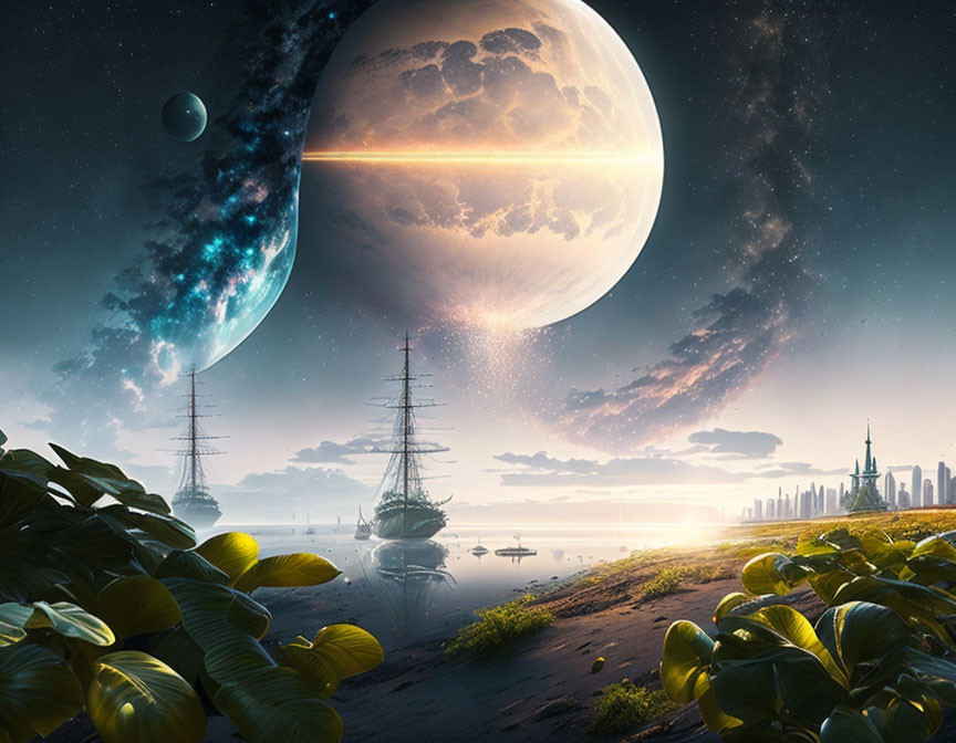 Futuristic cityscape with beach, sailboats, celestial bodies, and sunrise/sunset