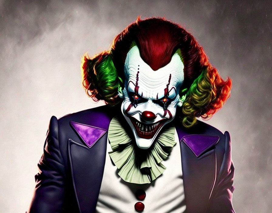 Sinister clown with green and red hair and menacing smile