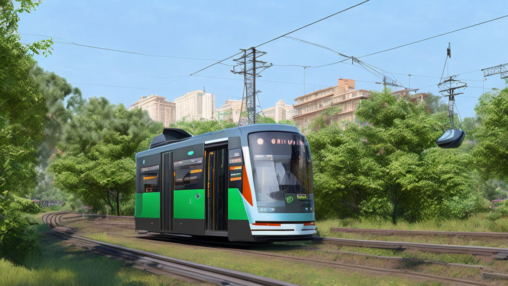 Modern tram in lush urban area with power lines and buildings