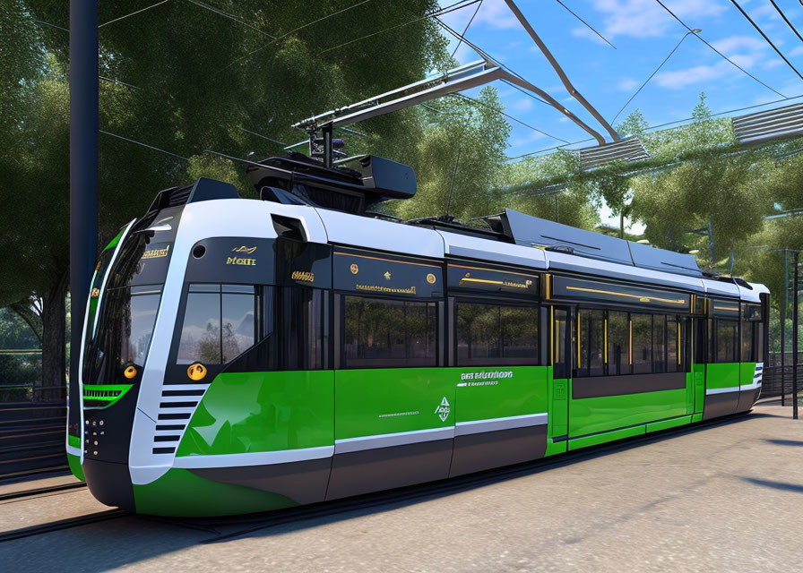 Modern Green and Black Tram with Overhead Electric Lines in Nature Setting