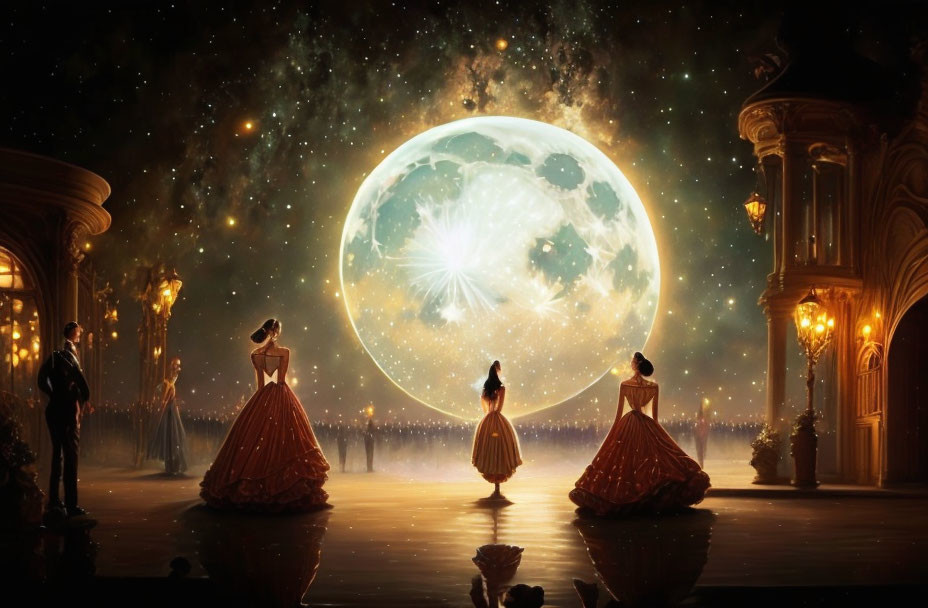 Elegant people in grand ballroom under moon and stars