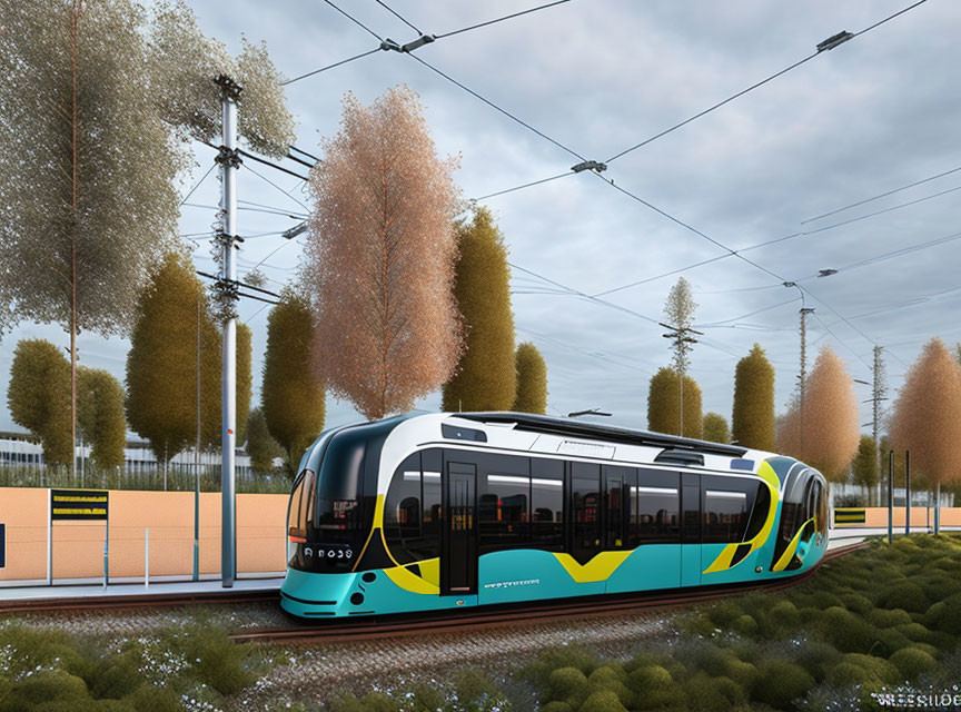 Modern tram with blue and yellow livery on autumnal tree-lined tracks