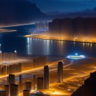 Futuristic cityscape with illuminated buildings and hills under twilight sky