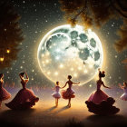 Nighttime outdoor scene with ballerinas in tutus under a glowing moon.