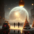 Group of people admiring glowing moon over snowy city street with Christmas tree