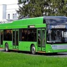 Green electric bus on road with trees and skyscraper.