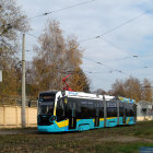 Modern tram with blue and yellow livery on autumnal tree-lined tracks