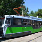 Modern Green and Black Tram with Overhead Electric Lines in Nature Setting