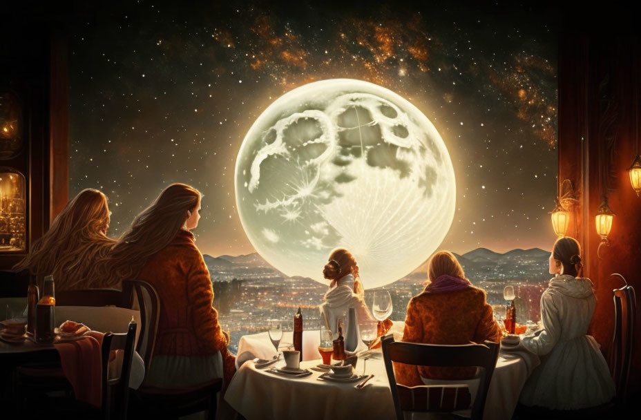 Four People Dining with Large Moon and Cityscape View