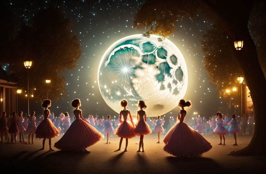 Nighttime outdoor scene with ballerinas in tutus under a glowing moon.