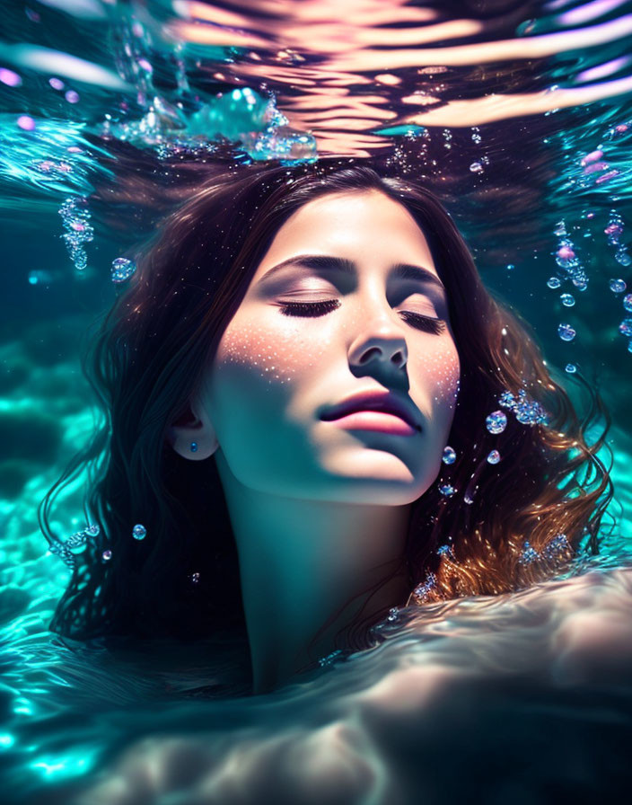 Serene woman with glowing skin in water surrounded by bubbles and colorful lighting