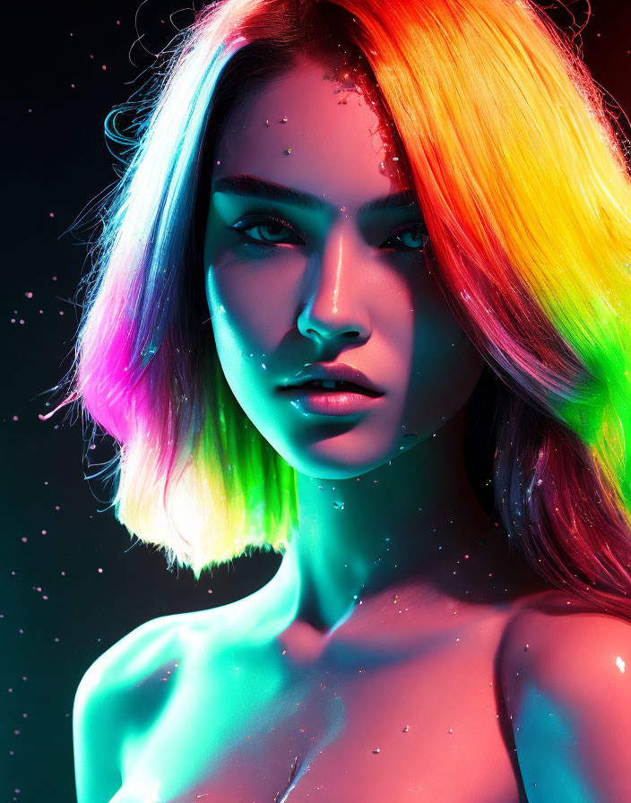 Woman with Rainbow Hair and Glitter on Dark Background