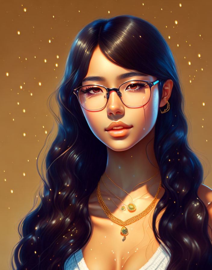 Digital portrait of woman with long wavy hair, glasses, delicate necklace on golden backdrop