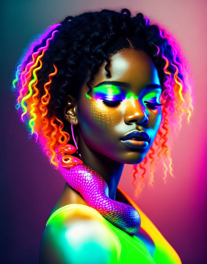 Curly-Haired Woman with Neon Lights and Rainbow Snake