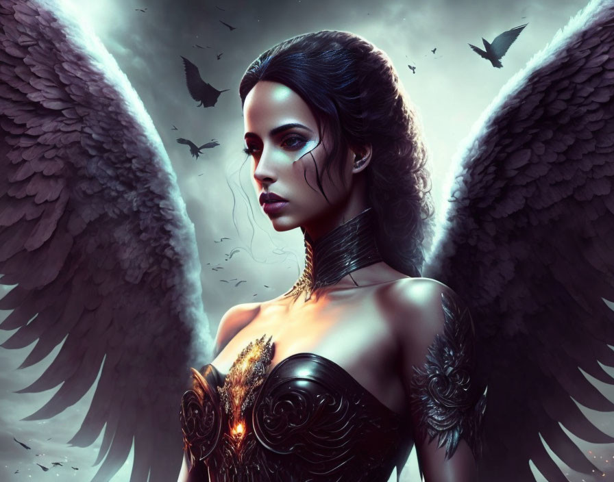 Dark-haired woman with angel wings in fantasy digital art