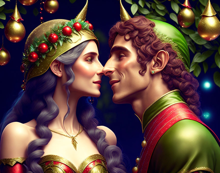 Elf couple in festive green and gold attire about to kiss under twinkling lights