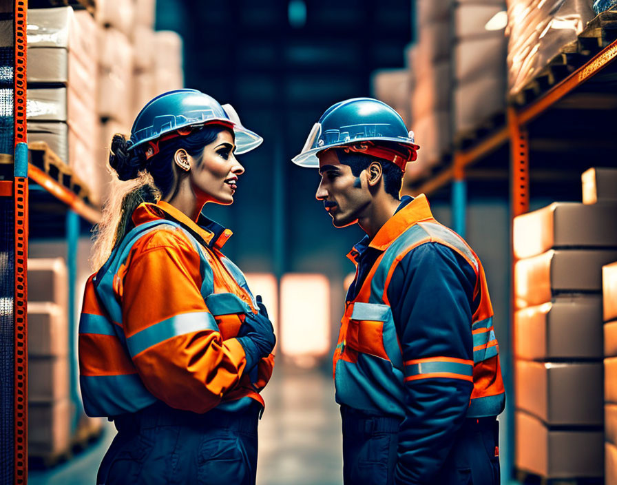 Two warehouse workers in safety gear discussing among shelves of boxes.