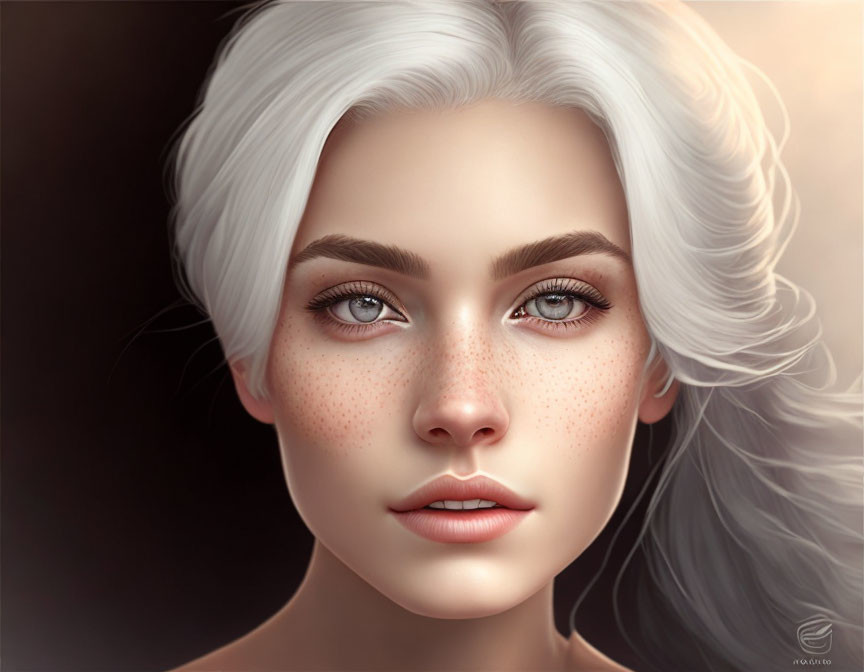 Digital portrait of woman with white hair, fair skin, freckles, and blue eyes on brown