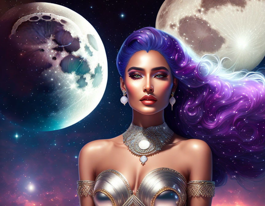 Vibrant purple hair and cosmic backdrop in digital artwork