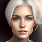 Digital portrait of woman with white hair, fair skin, freckles, and blue eyes on brown