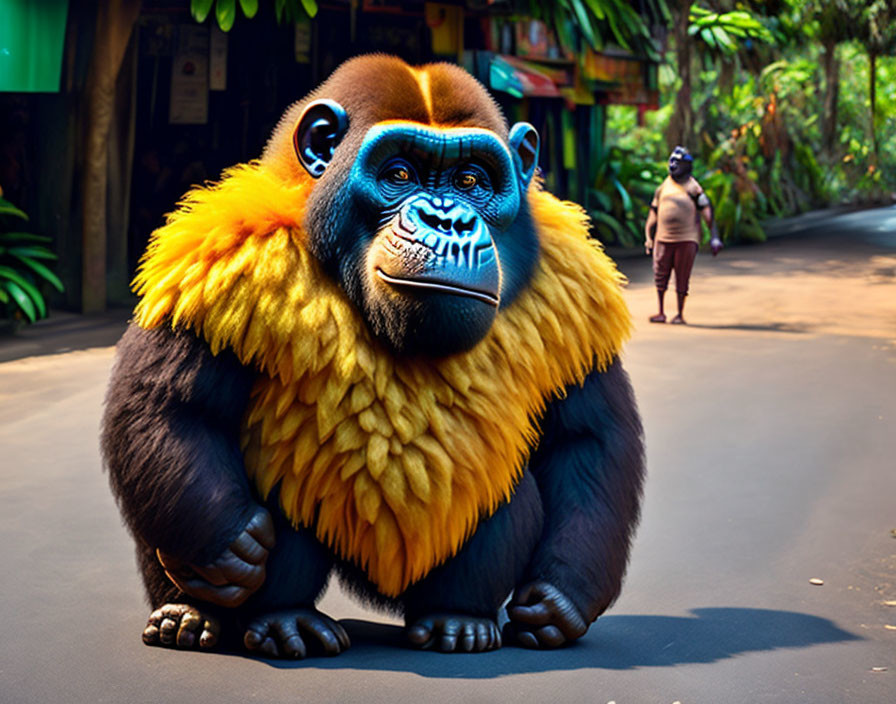 Vivid digital artwork: oversized ape with blue markings and orange neck in jungle setting.