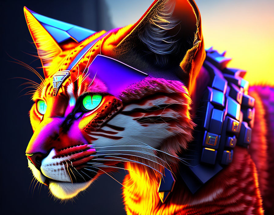 Colorful Digital Artwork: Cat with Futuristic Headset and Blue Eyes on Dark Background