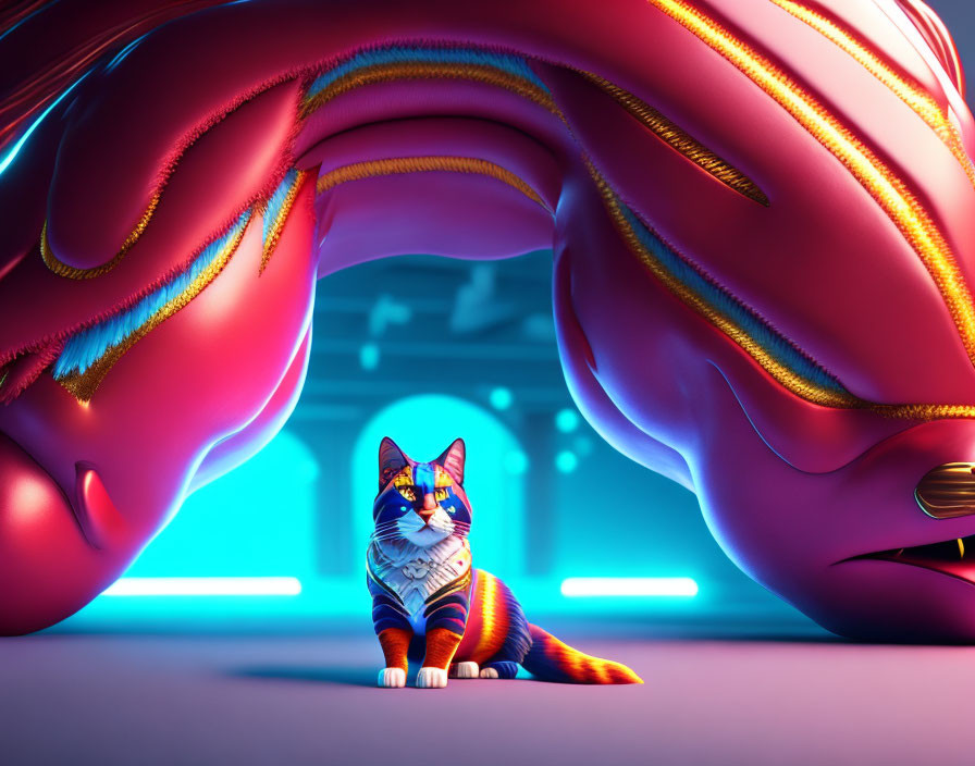 Colorful Cat and Glowing Alien Creature in Neon Environment