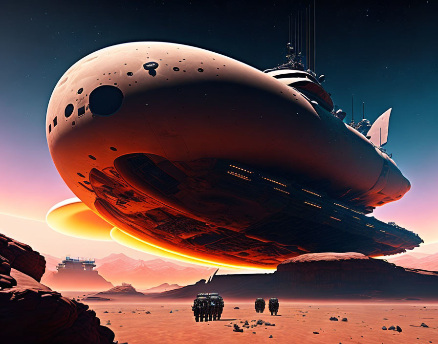 Futuristic spacecraft over red sky desert landscape