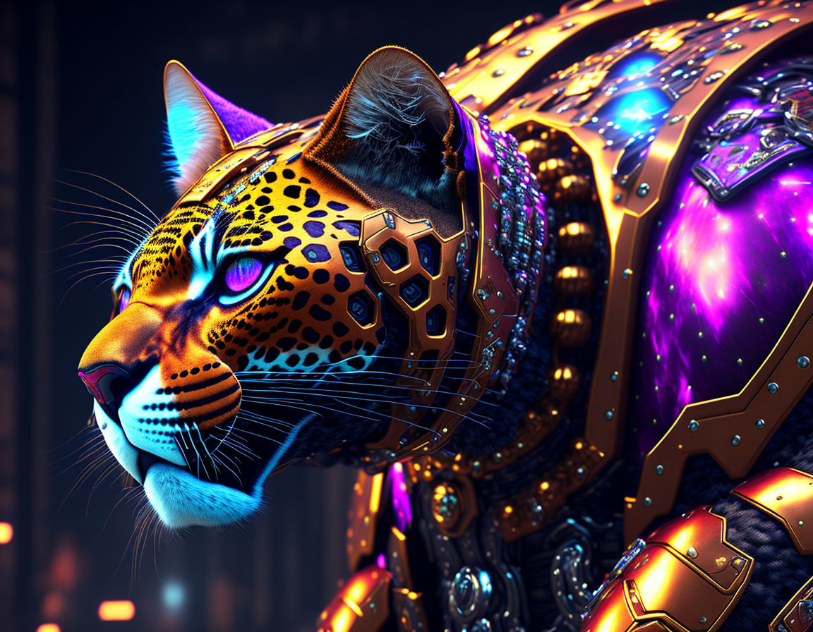 Detailed Mechanical Jaguar with Purple Eyes and Golden Armor in Cityscape Background