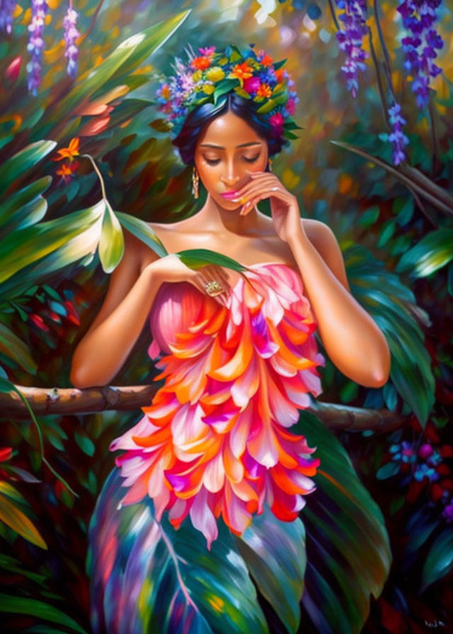 Woman with floral crown and pink petal dress in colorful, lush setting