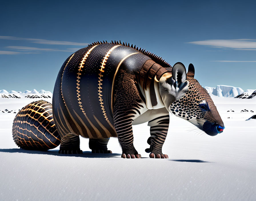 Digital artwork: Mechanical armadillo on snowy landscape with icebergs.