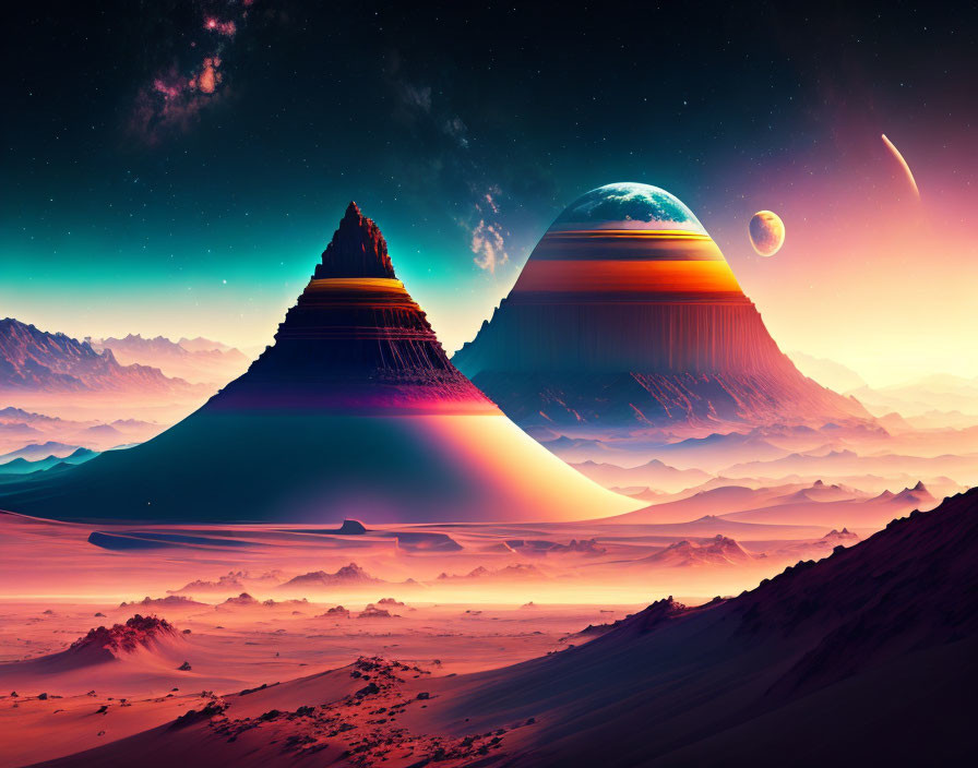 Vibrant surreal landscape with towering mountains and celestial bodies