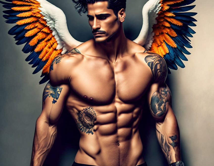 Tattooed man with colorful angel wings