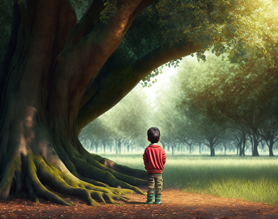 Child in Red Jacket by Large Tree in Sunlit Pathway