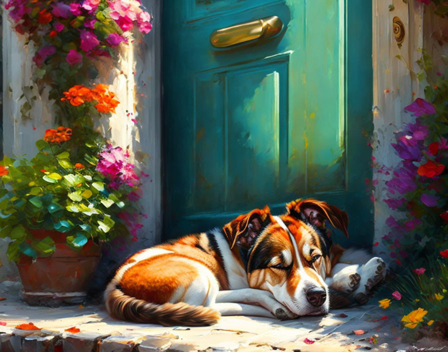 Sleeping dog by sunny doorstep with vibrant flowers.