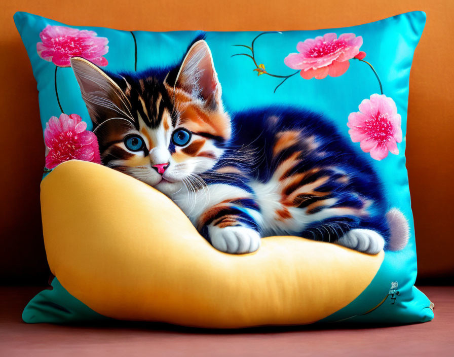 Colorful digital artwork: kitten with blue eyes on yellow cushion with pink flowers