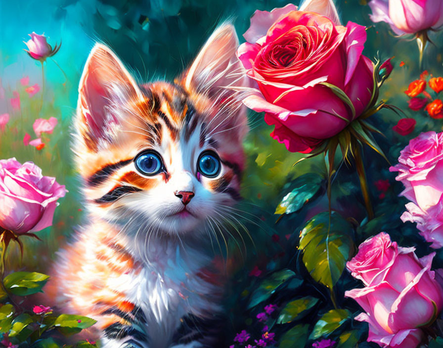 Colorful illustration: Cute kitten with blue eyes in vibrant rose garden