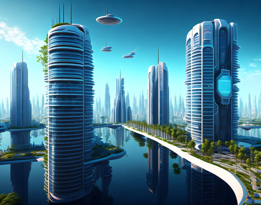 Futuristic cityscape with sleek skyscrapers and flying vehicles