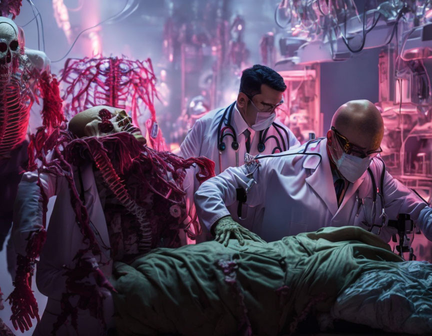 Surreal horror-themed operating room with doctors, patient, and skeleton figures