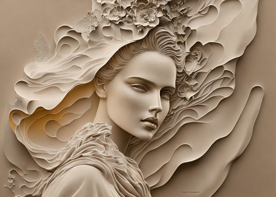 Monochromatic 3D illustration of woman with stylized hair and floral elements