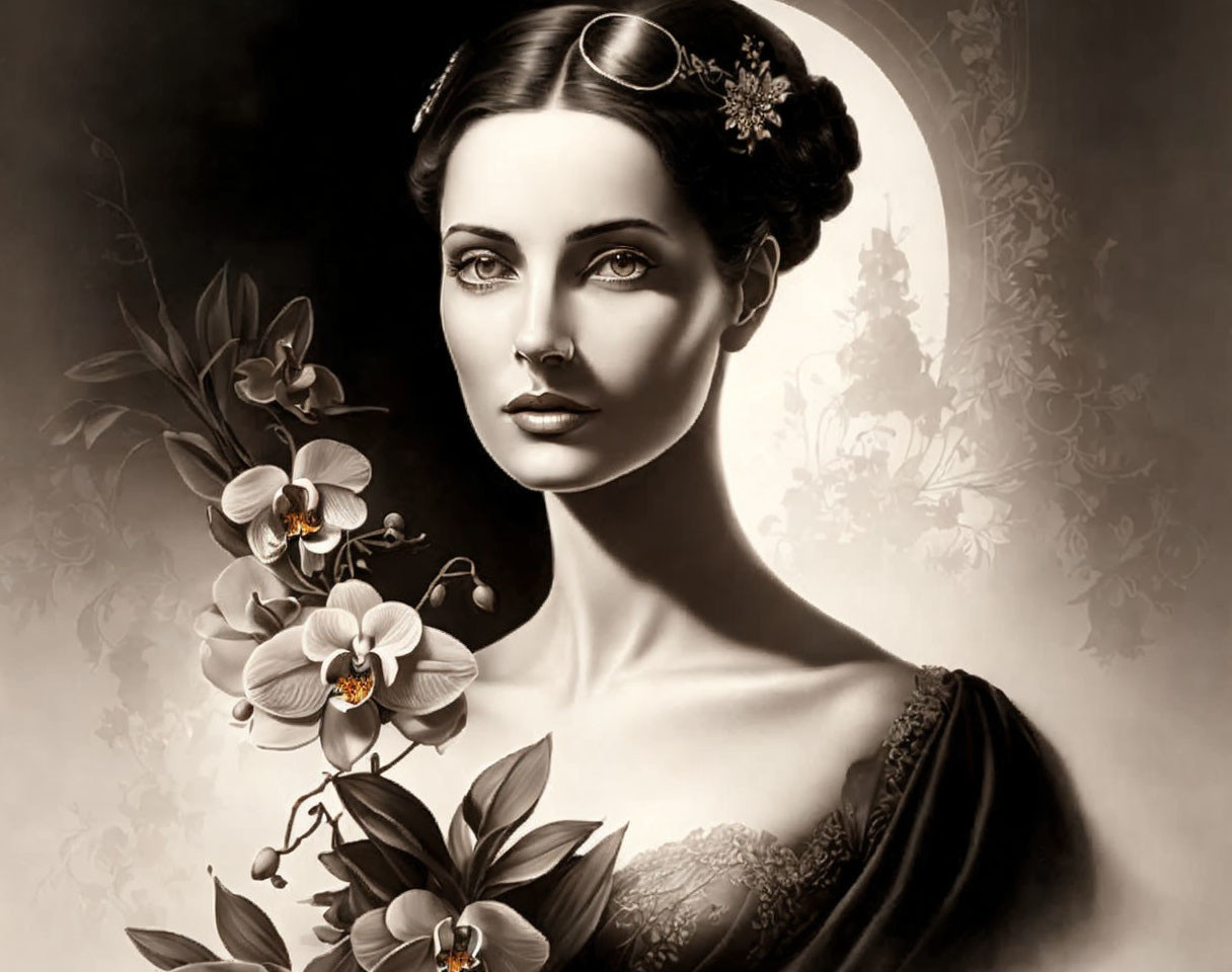 Monochrome image: Woman with flowers, serene expression, vintage aesthetic