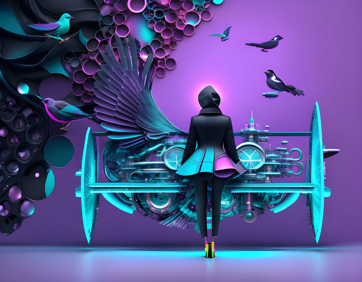 Surreal figure with mechanical wings in bird-filled scene on purple background