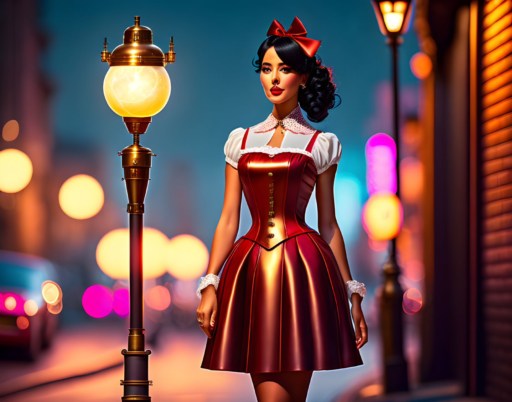 Stylized woman in vintage red and white dress beside illuminated street lamp at dusk