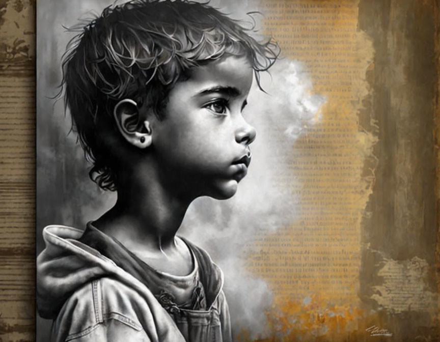 Monochrome artistic illustration of a pensive young boy amidst warm textual backdrop