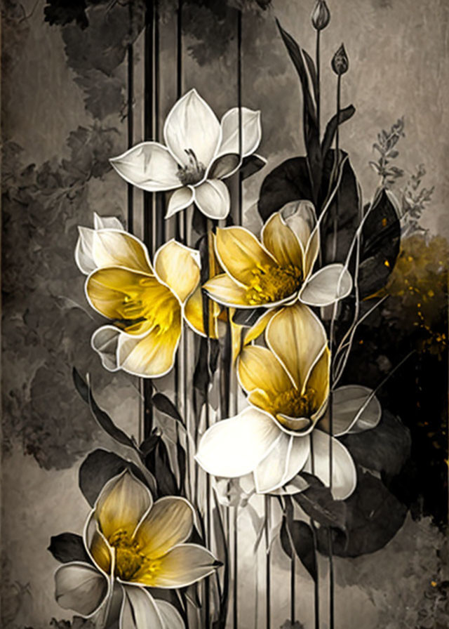 Monochrome image with yellow splash: Vintage floral arrangement.